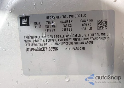 2013 Chevrolet Cruze 2Lt Auto из США, поврежденный, VIN 1G1PE5SBXD7188558